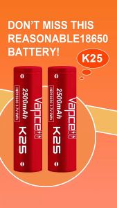 (หัวแบน) ถ่านชาร์จ Vapcell 18650 3.7V k25 2500mAh 20A/35A