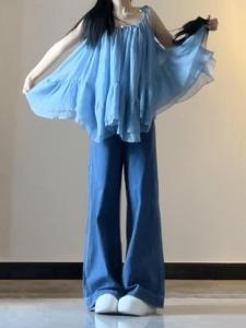 กางเกงยีนส์ทรงหลวมเอวสูงสีน้ำเงิน กางเกงขายาวทรงขากระบอก ทรงหลวม ทรงหลวม กางเกงยีนส์ผู้หญิงในช่วงฤดูร้อน