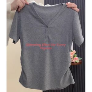 V-neck Short Sleeve Slim Fitting Big Size Womens T-shirt