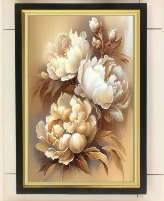 hiasan dinding lukisan cetak bunga Peony pink hias plus bingkai ukuran 65×45