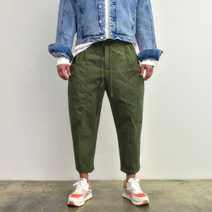 DAVID&ME | Military Green Trendy Workwear Casual Summer Conical Light Thin Cool Drawstring Loose Wide Ninth Pants