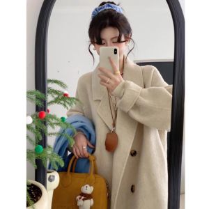 Black Woolen Duffel Coat Womens Mid-Length Loose Winter Outerwear Korean Style Button Pocket Detail Thickened Duck down Jacket