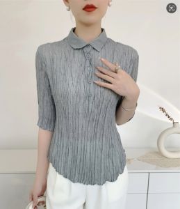 เสื้อสตรีแบบจีบฤดูร้อนทำด้วยมือของผู้หญิงที่สง่างามครึ่งแขนเข้ารูปพอดีการออกแบบช่องด้านบน # S-586