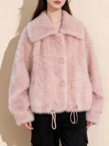 QINGNAER | Pink Sweet Fur-Collar Coat Big Size Womens Top