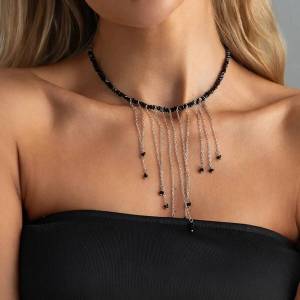Ingemark | Ingemark Exquisite Elegant Irregular Tassel Pendant Necklace for Women Trend Black Crystal Beaded Clavicle Chains Party Jewelry