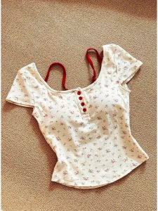 Áo Thun Nữ Tay Ngắn Cổ Tròn Họa Tiết Hoa Ôm Vừa Vặn Thời Trang Mùa Hè 2025 Áo Thun Nữ Dáng Ôm Cổ Chữ U Họa Tiết Hoa