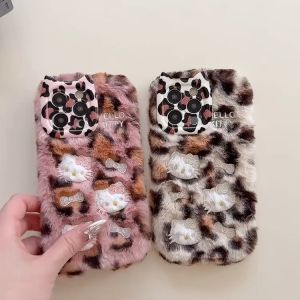 Cartoon Fluffy Hello Kitty Plush Cat Ears Phone Case For iPhone 14 15 16 Plus 13 Pro Max 11 12 Warm Winter Furry Fur Cover