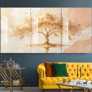 3Pcs Modern Luxury Wall Decoration Set Golden Peony Flower Textured Art Print Free Double Sided Tape for Living Room Bedroom Condo Dining Room Wall Decora