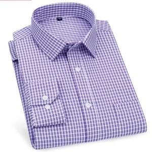 Mens Long Sleeved Shirt Business Casual Classic Plaid Striped Checked Blue Purple Male Social Dress Shirts for Man Button Shirt