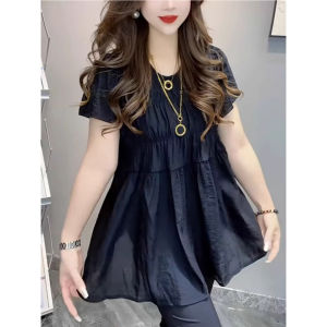 WANGGONGZHU | Round Neck Bubble Sleeve Chiffon Top Women Summer New Fashion Loose Slimming Doll Shirt Versatile Korean Style Commute Wind