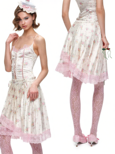 1JINN STUDIO | Silk Contrast Lace Drawstring Asymmetric Pleated Skirt