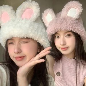 หมวกหูกระต่ายเฟอร์ขนเฟอร์ผ้าหนานุ่มผ้ากำมะหยี่นุ่มน่ารักหมวกบีนนี่ขนสัตว์ถักให้ความอบอุ่นสำหรับงานเลี้ยงผู้หญิงหญิงสาวหมวกคอสเพลย์ฤดูใบไม้ร่วงฤดูหนาว
