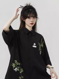 Summer Thin Ice Silk Short Sleeve Shirt Womens Loose Printed New Chinese Style Street Fashion Polyester Fiber Regular Fit Shirt