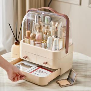 Skincare Organizer Makeup Organizer Holder for Dresser Beauty Cosmetic Storage Box Display Case with Dust Free Cover Portable Handle Drawers