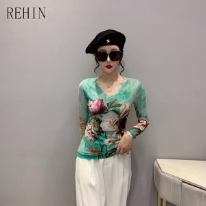 REHIN ผู้หญิงแฟชั่นรูปแบบตาข่ายพิมพ์แขนยาวเสื้อยืดคอวีบางและบางเสื้อหรูหรา