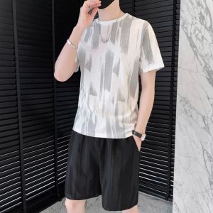 ROMON | Lormen Mens Summer Sportswear Ice Silk Short Sleeve Casual Two-Piece Set Breathable Comfortable Nylon Lyocell Spandex Blend