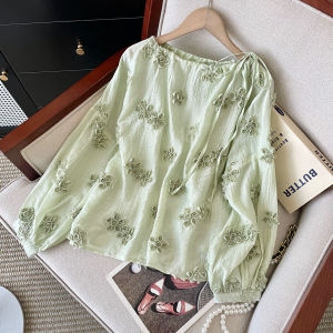 YIKEMAI | Retro Green Lace Stitched Shirt Plus Size