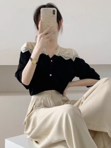 WANGGONGZHU | Elegant Lace Chiffon Short Sleeve Womens Shirt Fashionable Patchwork Design Spring Summer New Arrival Princess Style Commute Wind