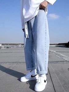 Lelaki Korea Fashoins Harem Biru Seluar Jeans Longgar Longgar Lelaki Hiphop Seluar Lurus Vintaj HarajuJeans Longgar Denim Berkualiti Tinggi
