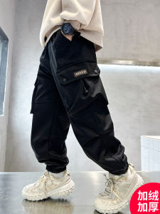 Thickened Fleece Spring Autumn Childrens Pants for Boys Fashionable Workwear Trousers Korean Style Cotton Blend Fabric Elastic Waist