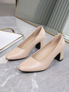 Màu Đen Da Giày Cao Gót Nữ Giày Công Sở Chuyên Nghiệp Slip-On Mũi Tròn Gót Dày Phong Cách Hàn Quốc Giày Đơn Thời Trang Size Nhỏ