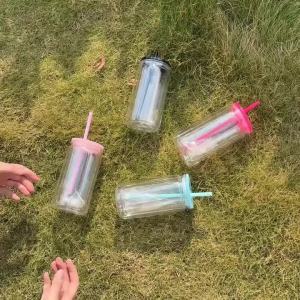Double Wall Snowglobe Plastic Cups with Pre-Drilled Hole Christmas Straw Water Bottte Clear Tumbler Coffee Juice Drinkware Gifts