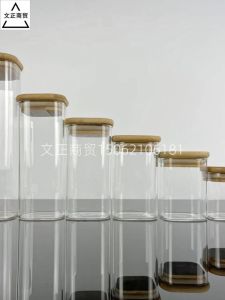 60mm Diameter Square Borosilicate Glass Bottle Bamboo Gaiwen Play Bottle Tea Coffee Beans Grain Sealed Storage Tank