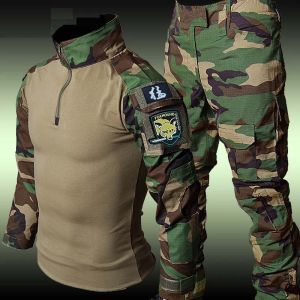 RU Camo Tactical Sets Men Breathable Workwear Long Sleeve T Shirts+Multi-pocket Straight Cargo Pants Suit Training Combat Sets