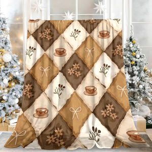 Beast Kingdom | Brown Coffee Cup Floral Bow Argyle Flannel Blanket Soft Fuzzy Plush Cozy Warm Throw for Sofa Bed Couch Home Decor