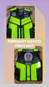 DakkiSport security riders vest with reflective stripes and patches for identification.
