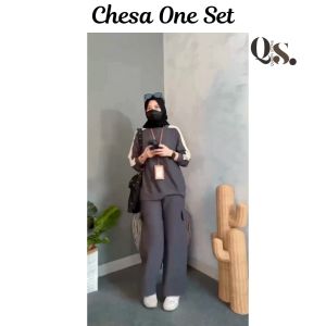 Chesa Setelan Wanita One Set Jumbo Blouse + Celana Cargo Waffle Knit One Set Sporty Polos Terbaru