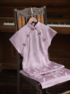 New 2025 Purple Short-Sleeved Qipao Dress Young Chinese Style Daily Wear Floral Print Long Gown Low Slit Traditional Chinese Fashion