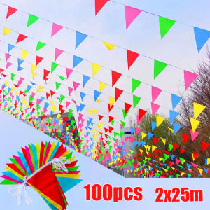 【88HomeStore】100 Flags 50M Colorful Triangle Flag Bunting Banner Hanging String Pennant Festival Birthday Party Outdoors Street Decorations