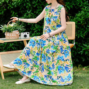 Elegant Young Style Sleeveless Cotton Silk Dress Womens Summer Beach Vacation plus Size mid Age Sanya Beach Skirt Dress