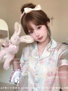 ชุดนอนผ้าไหมน้ำแข็งแขนยาวลายหมีน่ารักฤดูใบไม้ผลิและฤดูใบไม้ร่วง ชุดนอนผ้าฝ้ายผสมผ้าปักลาย ชุดนอนผู้หญิงสุดน่ารัก