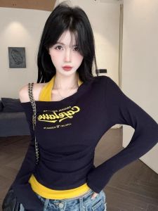 GUZILIAN | Fall New Style One Shoulder Long Sleeve Print T-Shirt Korean Version Loose Fit Base Layer Hot Girl Top Skin Friendly Breathable