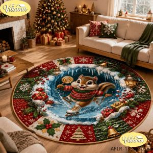 VIKAMA Christmas Round Rug Snowman Tree Gifts Candy Lantern Area Rug Living Room Holiday Home Decor Aesthetic Art Large Premium