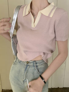 French Color-blocked Polo-collar T-shirt