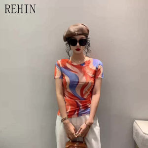 REHIN Sablon Bunga ตาข่ายเข้ารูปพอดีแขนแขนสั้นคอกลมผู้หญิงที่สง่างามใหม่ฤดูร้อน