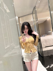 Pure Desire Bralette Knitted Waist-Cinching V-Neck Top Inner Wear Long Sleeve Spring Fashion Commute Style Regular Fit T-Shirt