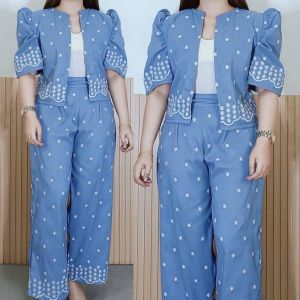 CALESHA| Amora Puff Sleeve Filipiniana Terno for Women Casual to Semi Formal Bolero and Pants Set Perfect for casual eventsfamily gatherings officewearparties| Garterized Back 2 Pockets Onesize Medium to XL Embroidered Elegant Comfy Stylish Outfit