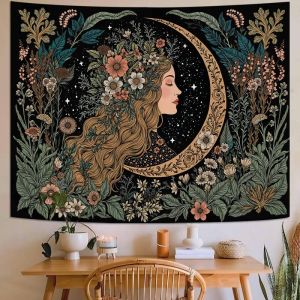 VIKAMA Huyền Bí Mặt Trời Mặt Trăng Nấm Tấm Thảm Treo Tường Nền Đen Trang Trí Theo Phong Cách Boho Hoa Pha Lê Ngôi Sao Trung Tâm Huyền Bí Mặt Pha Mặt Trăng