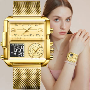 LIGE 2024 Fashion Dual Display Watch Women Top Brand Luxury Creative Square Watches Ladies Casual Gold Watch Relogio Feminino