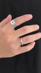 IngeSight.Z Punk Silver Color Cross Star Open Ring Women Men Trendy HipHop Metal Geometric Hollowout Finger Ring Jewelry Gifts