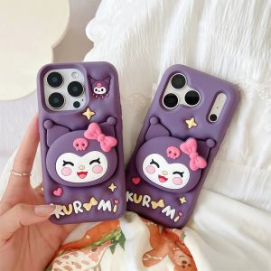 Sanrio | Korean INS Style Kuromi Silicone Phone Case For iPhone 17 16 15 14 13 12 Pro Max Plus 17 Pro 17E Stand Shockproof Back Cover