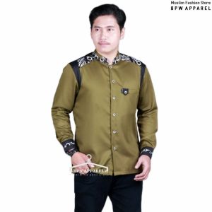 Promo Baju Koko Terbaru | Baju Koko Pria Lengan Panjang Kombinasi Kemeja Koko Haadroh S M L XL Atasan Muslim Laki-Laki Motif Tanduk Rusa HILWA Koko Azzahir Gus Azmi PUTIH KATUN