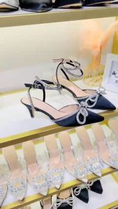 Giày nơ xoàn vip đen HALEY STORE 5cm mũi nhọn quai đính nơ xoàn đá pha lê mũi nhọn công chúa tiểu thư đi tiệc đi chơi êm chân