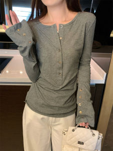 Elegant Pure Color Long Sleeve T-Shirt Womens Fashion Slim Fit Autumn Winter Top Kumikumi Design Halopen Collar Versatile Shirt