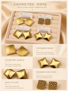 4 Pairs Stainless Steel Geometric Square Star Stud Earrings Set Gold Textured Metal Earrings Minimalist Trendy Women Statement