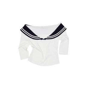 1JINN STUDIO | Vintage Sailor School Style Off-Shoulder Fitted Waist Mid-Sleeve Knit T-Shirt